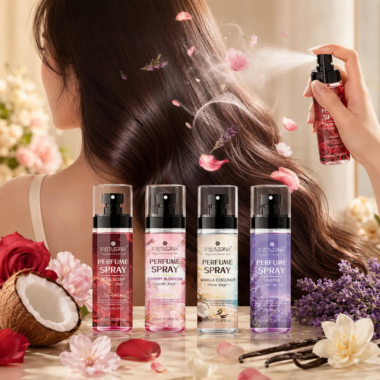 Four Scented Spray Options for Hair Care, Featuring Long-Lasting Fragrance, Moisturizing and Nourishing Properties, and a Silky,