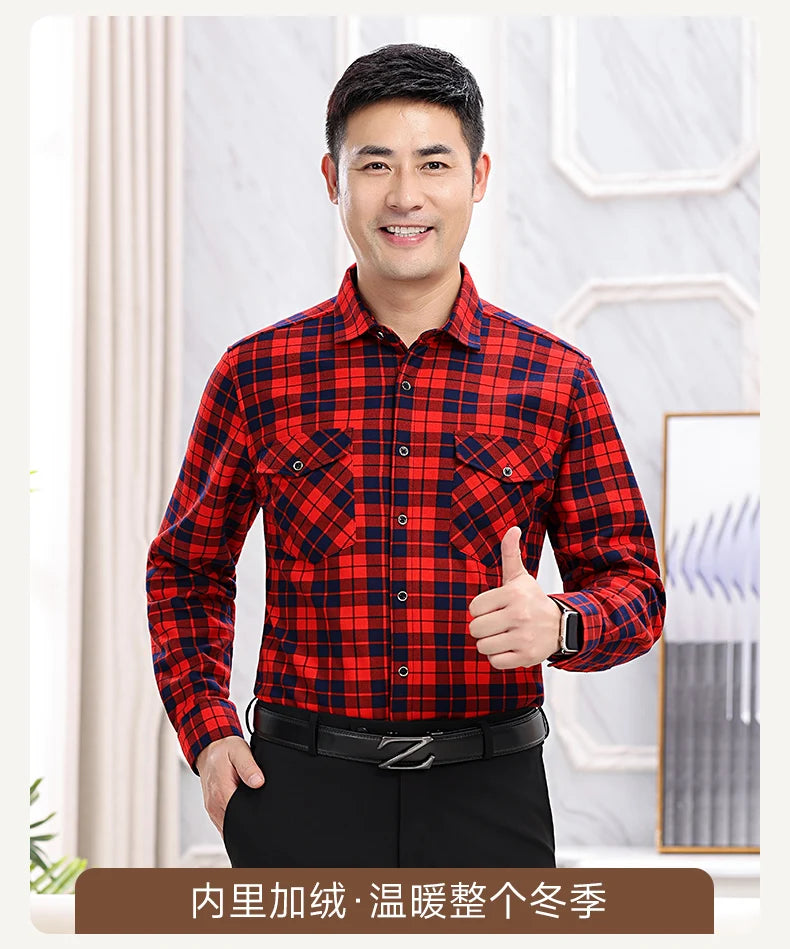 2025 Autumn Winter Men's Fashion Plaid Striped Print Shirts Double-sided Fleece Long Sleeve Thick Warm Shirts Soft Big Size 7XL