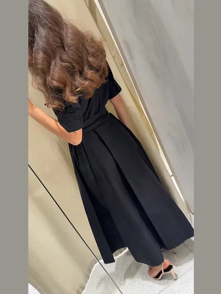 Elegant Belt Women Long Black Dress Full Sleeve Pleated Lapel Waist-Closed Female  A Line Dresses 2026 Spring Lady Robes New