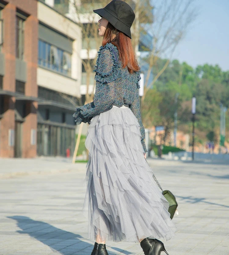 Tutu Tulle Long Maxi Skirt Women Fashion Korean Cute Pink High Waist Pleated Skirt Mesh Female Lady Aesthetic Faldas