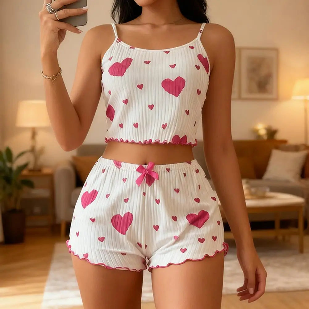 Women 2pcs Pajama Set Spaghetti Strap Ruffle Trim Round Neck Sleeveless Cami & Shorts Spring Summer Fall Coquette Bow Print ﻿