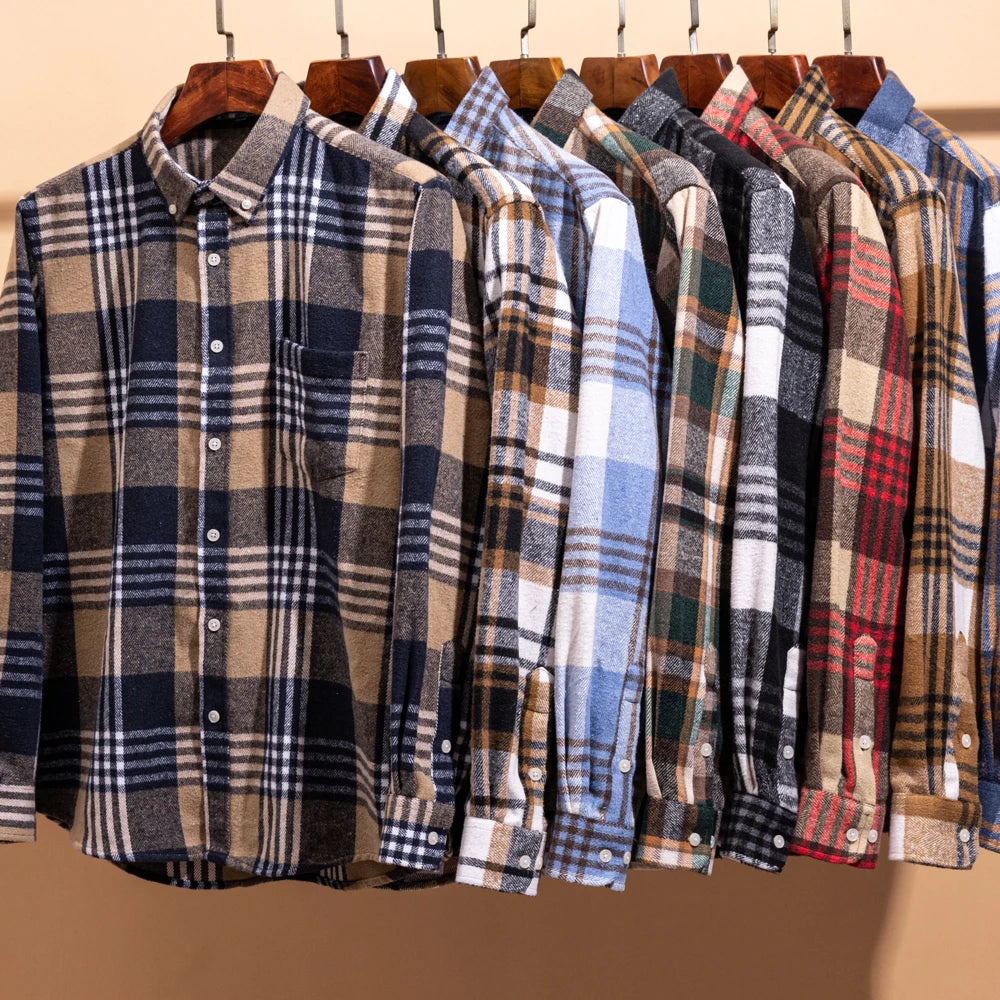 Men's Long Sleeve Flannel Plaid Shirt - Soft Pure Cotton, Button Down Shirts Thick Autumn Winter - Weekend Casual, Going Out