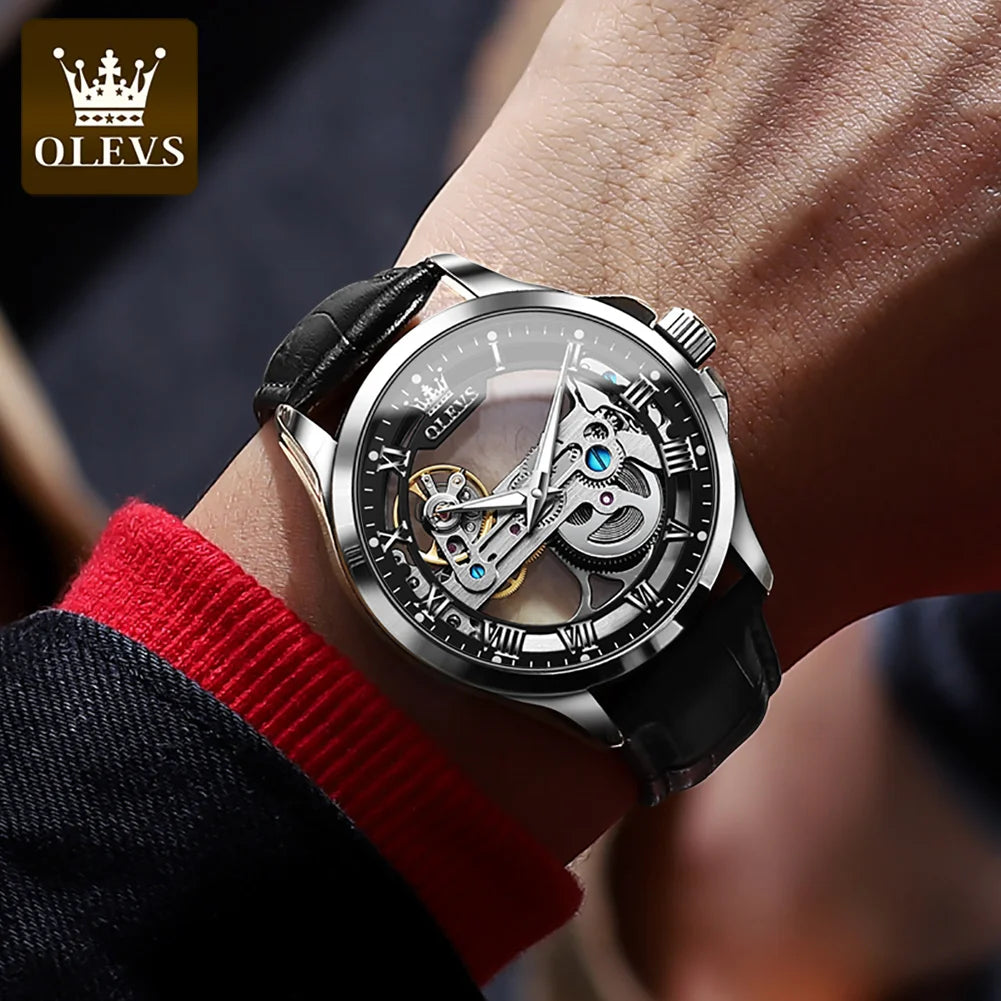 OLEVS Couple Watches Original Fully Transparent Skeleton Automatic Mechanical Watches For Men Women Lover's Gift Luxury Watches