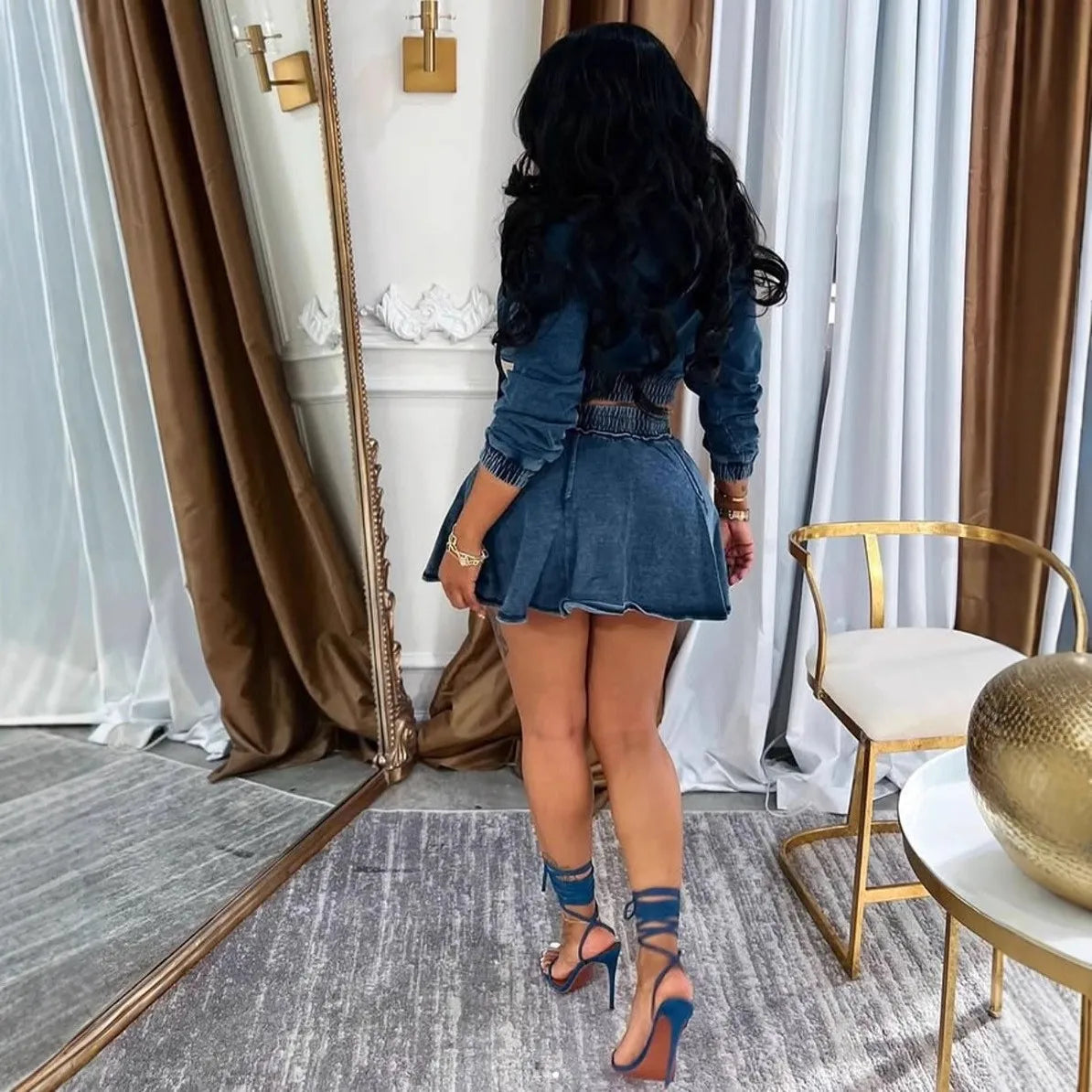 Women's Two-piece Set Dress Denim Crop Top Drawstring Waist Dresses Hooded Mini Dress Zip Front A Line Skirt Casual Dress