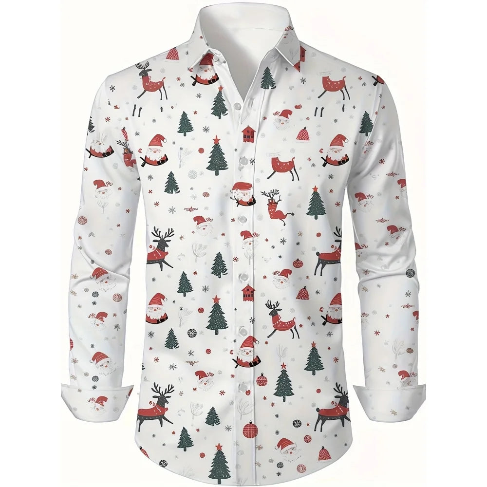 Christmas Festival Theme Men's 3D Printed Formal Shirts Christmas Tree Santa Claus Graphic Long Sleeve Shirt Fashion Men's Shirt