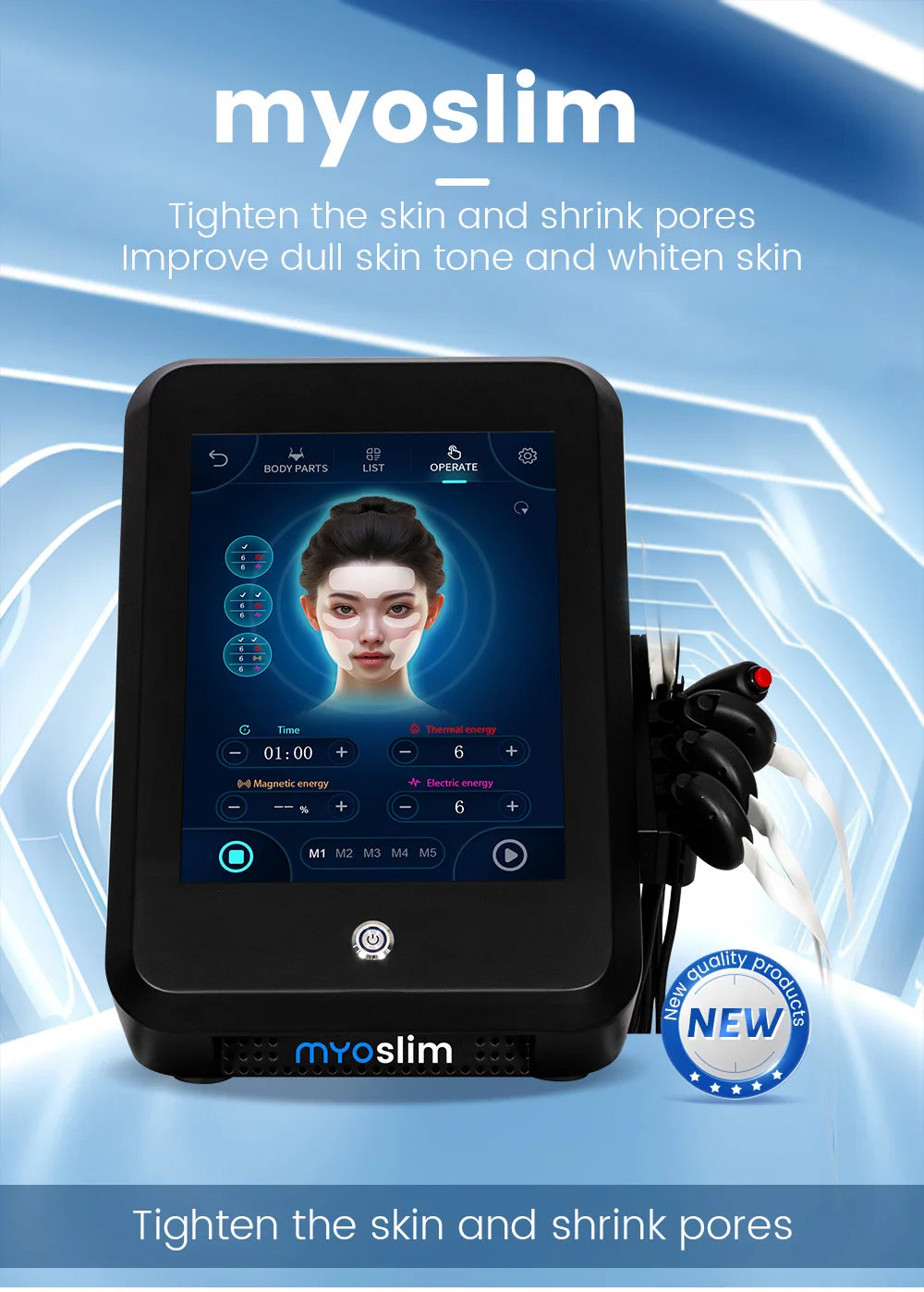 myoslim facial shaping machine, specializing in removing wrinkles, face-lifting, skin cooling and collagen activity,