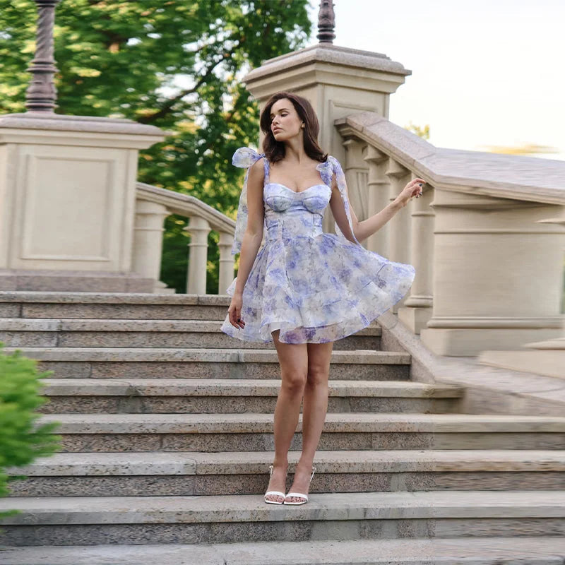 Chic Printed Mini Halter Dress A Line Mesh Lace Up Party Vestidos V Neck High Waist Club Robes Sweet Women Princess Dresses Gown
