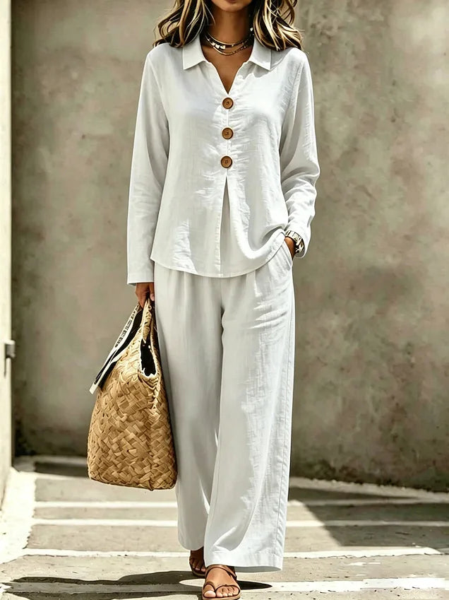 Women Solid Casual Two-piece Sets Autumn Lapel V-neck Button Long Sleeve Shirt Top & Wide-leg Pants Suit 2026 Commuting Outfits