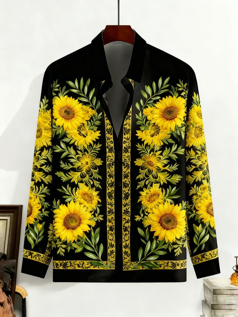 New's Men's Retro Simple Casual Shirt Natural Plant Landscape Painting Golden Flower Shirt Hawaii Beach Vacation Clothes for Men
