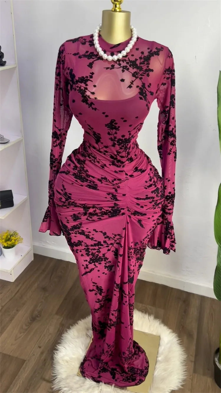 CM.YAYA 2025 Women Long Sleeve Ruched Mesh See Though with Lining Bodycon Long Dress Fall Evening Birthday Sexy Party Dresses