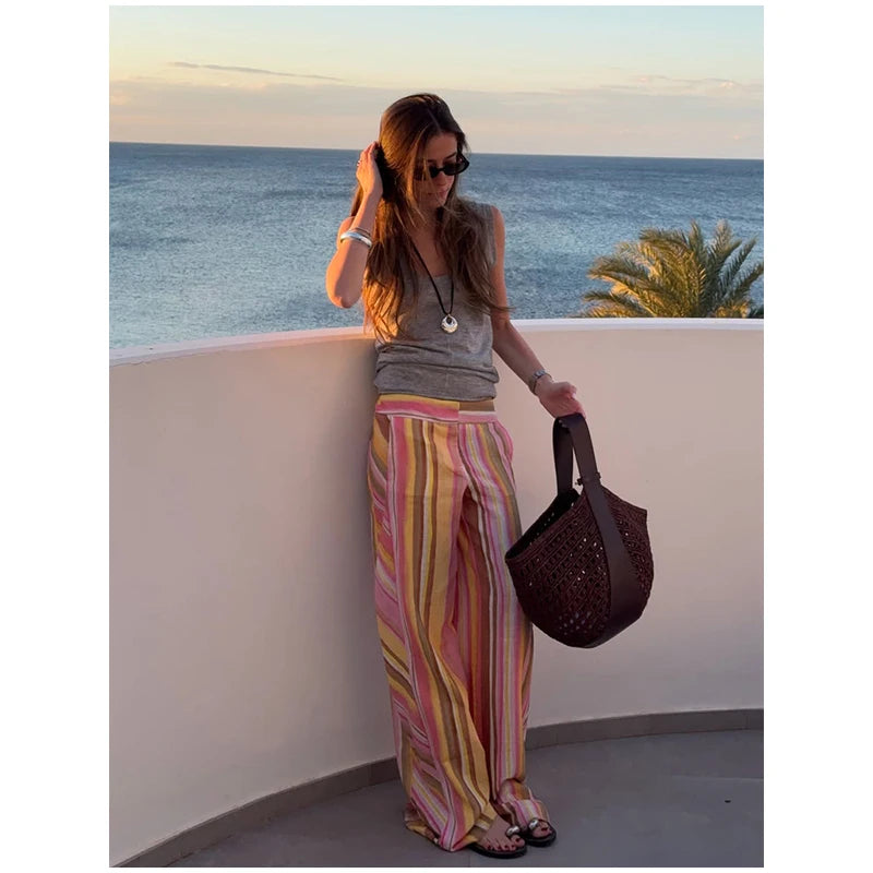 Women‘s Colorful Striped Pant New Summer Straight Multicolor Wide Leg Long Pants Casual Fashion Streetwear Female Outfit 2026
