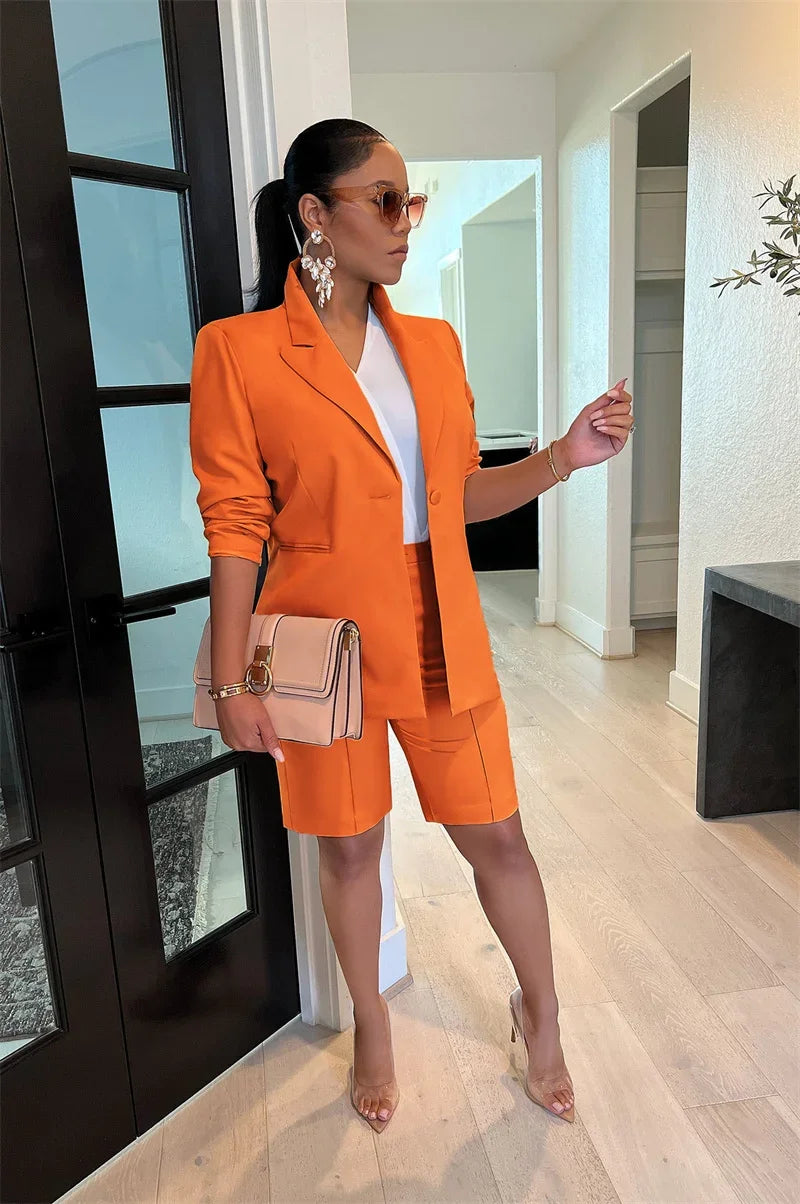 Solid Casual Two Piece Set for Women Matching Sets Outfits Long Sleeve Blazer Coat and Shorts Office Lady Elegant Business Suits