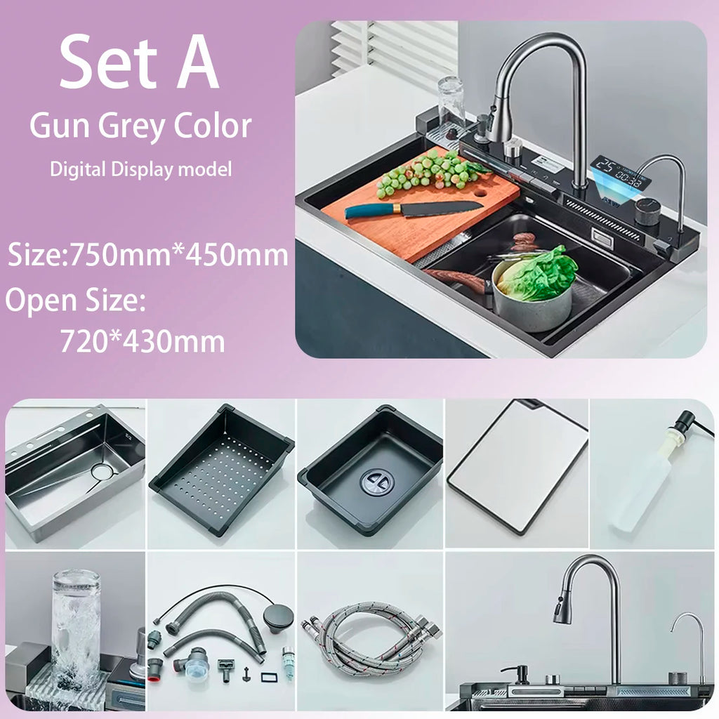 Kitchen Sink Faucet Large Integrate Digital Display Multi-Function Buttons Waterfall Soap Dispenser Cup Washer Kitchen Sink