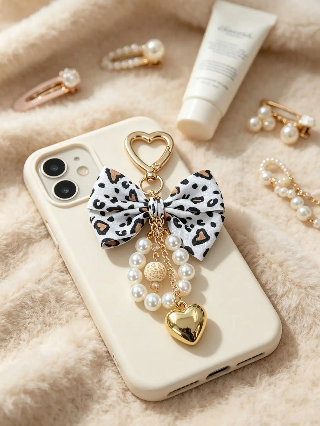 Leopard Print Bow Keychain Heart Pendant Women's Bag Simple Charm Pearl Keychain Beaded Charm Gift For Women