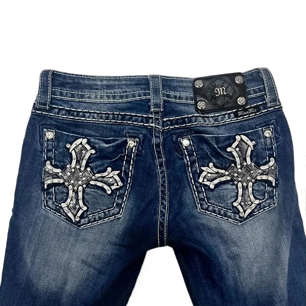 Y2K New Gothic Blue Denim Embroidery Harajuku Wide Pants Revival Mens Jeans Foliage Bootcut Women Pocket Hip Hop Streetwear