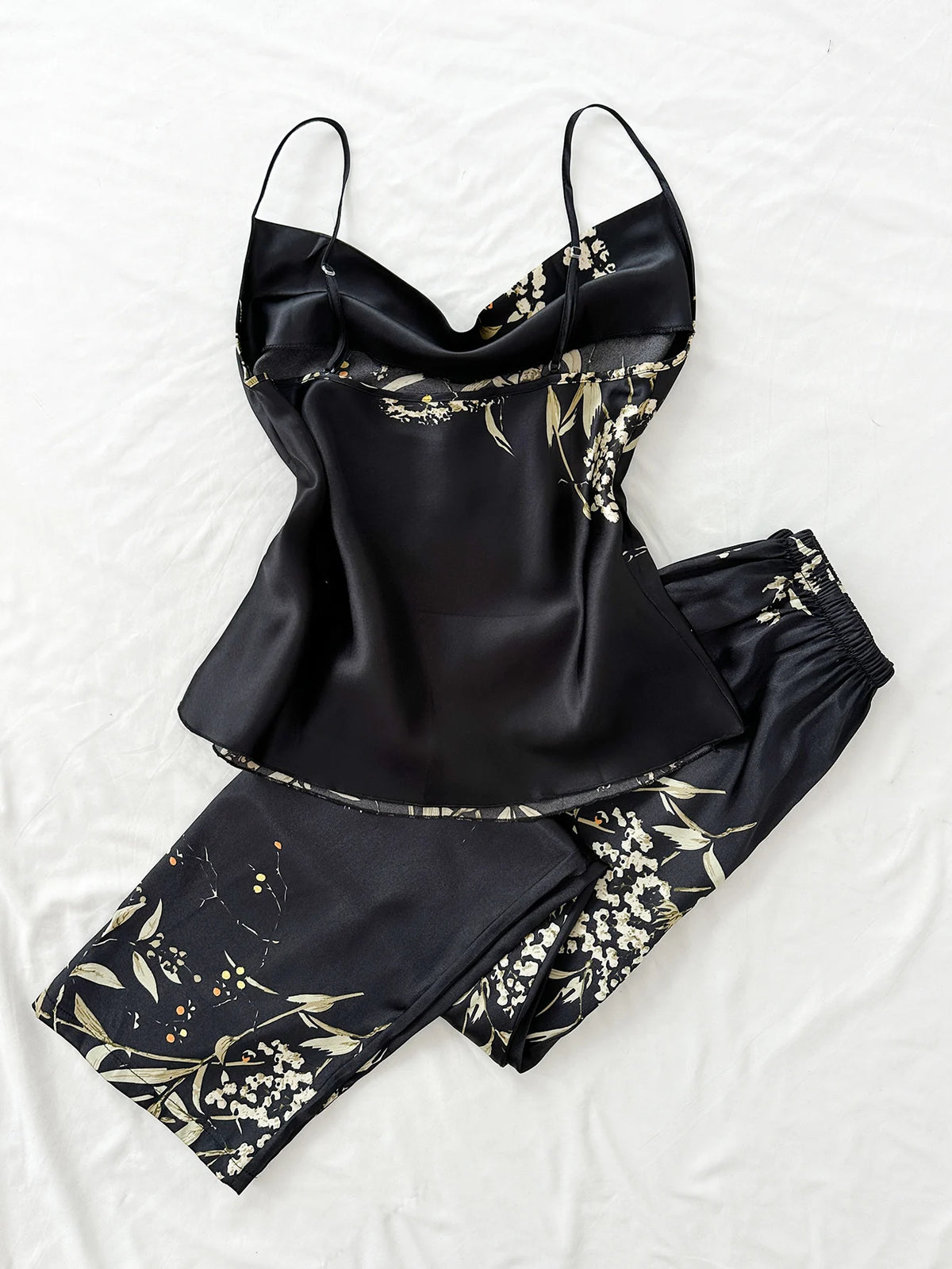 Autumn Women Satin Pajama Set Cherry Floral Print Cami Top and Shorts Sleepwear Versatile Outfit Elegant Comfortable  Loungewear