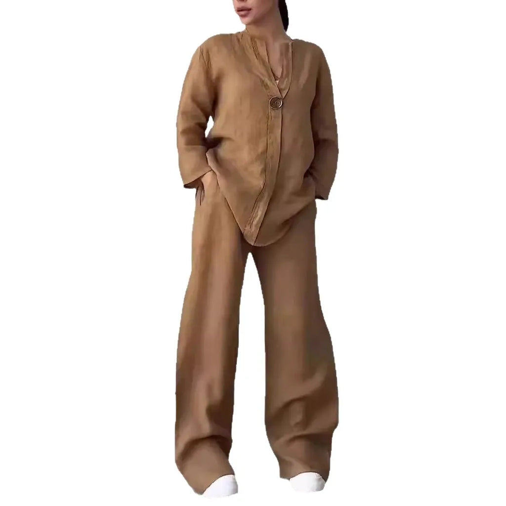 2026 New Europe USA Women's Comfortable Loose Top Wide Leg Pants Casual Cotton Linen Set