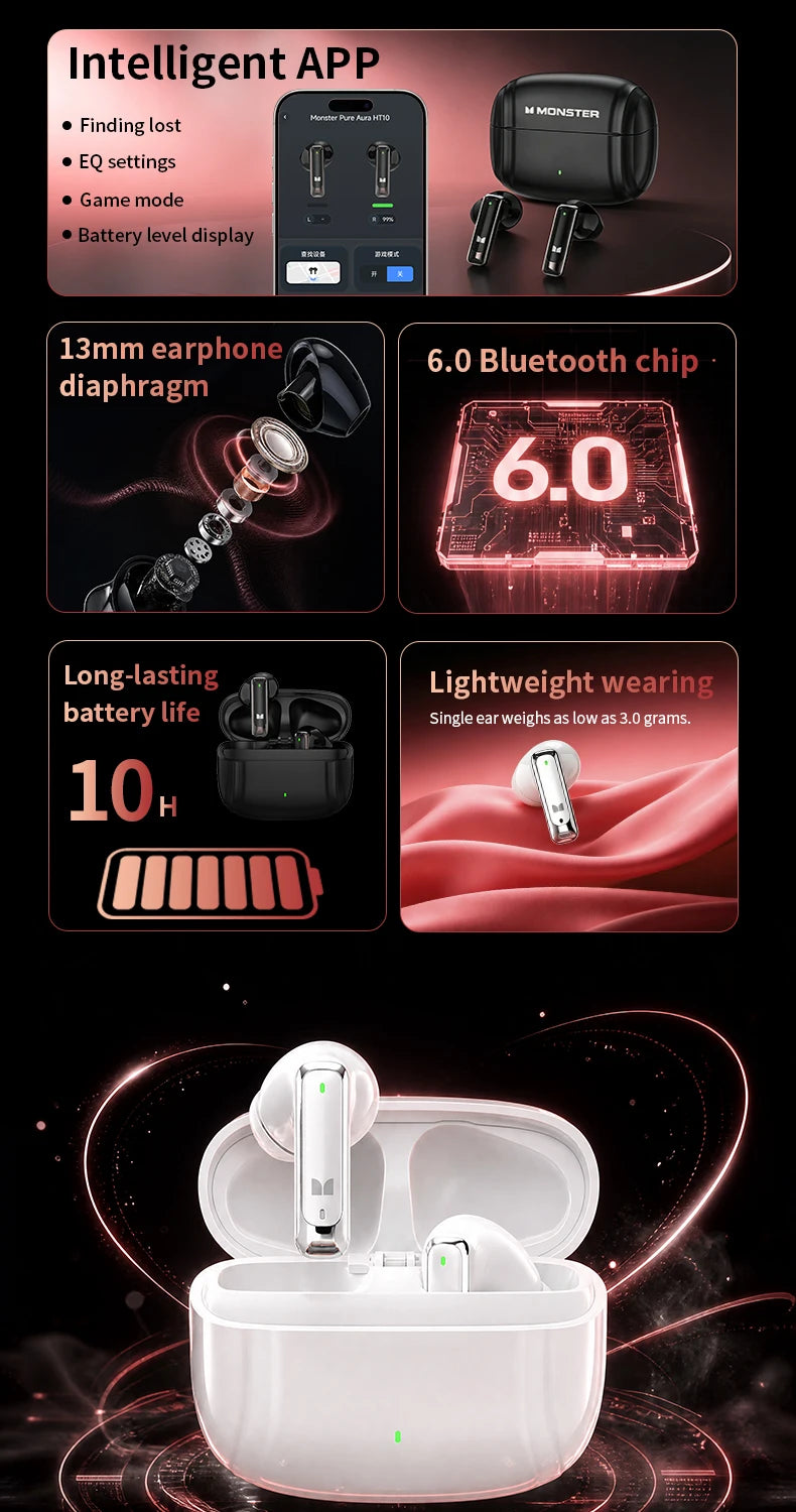 Monster Pure Aura HT10 TWS Wireless Bluetooth 6.0 Earphones Intelligent APP Custom EQ HD Noise Reduction Call Sports