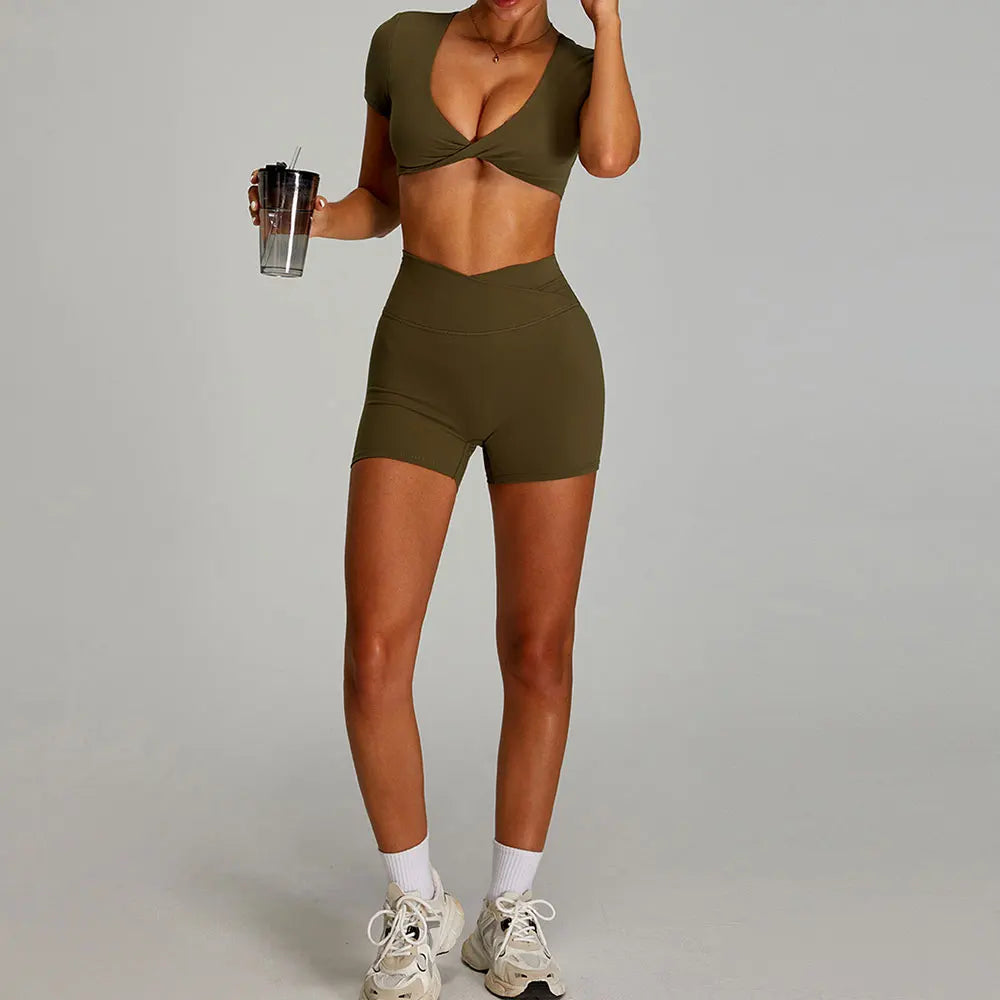 mikeyoga Women Yoga Suit 2PCS Sports Set Quick-Drying Gym Set Women Tracksuit Running Workout Short Sleeves Sports Yoga Clothing