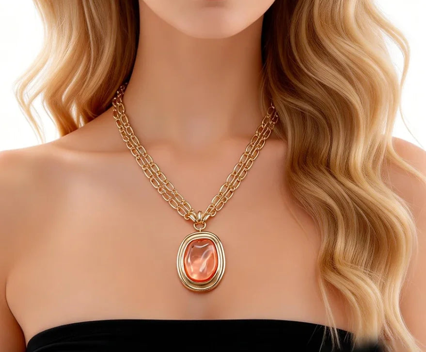 Peach Stone Layered Gold Chain Necklace (Modern Minimalist) Statement Jewelry Perfect For Brunch Date Stylish Outfits That Blend
