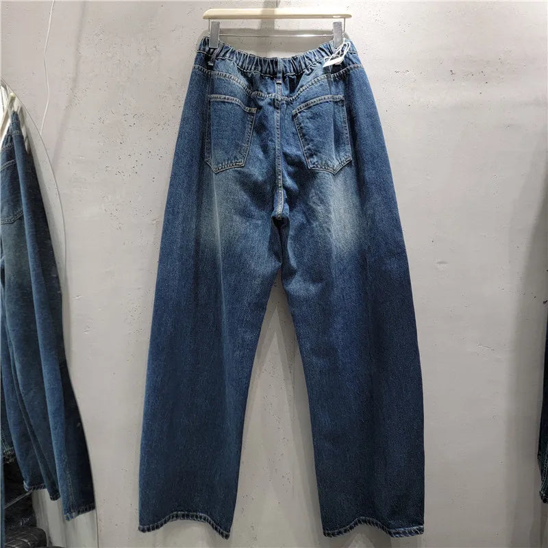 Women Irregular Crossover Waist Wide Leg Jeans Women's 2026 Autumn New Wide Legs Pants Vintage Washed Casual Denim Trousers