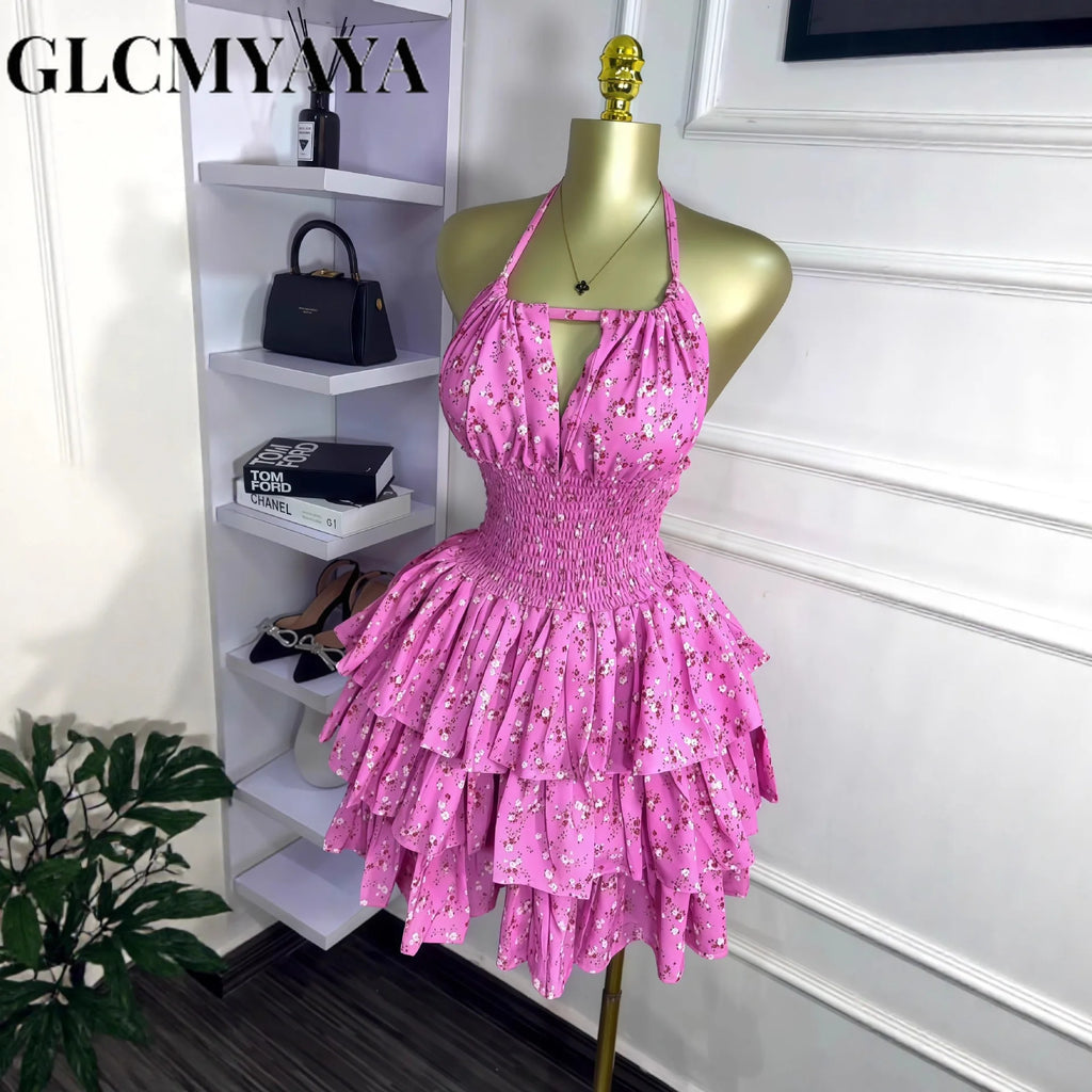 CM.YAYA Women Floral Printed Halter Ruffles Midi A-line Tiered Mini Dress Fall Vacation Elegant Evening Birthday Party Dresses