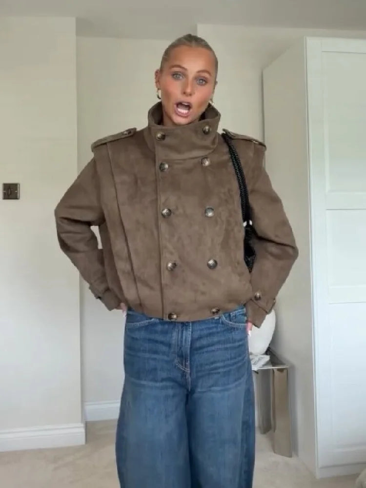 Trendy Stand Collar Cropped Jacket Fashion Double Breasted Long Sleeve Chic Commute Coat 2026 Autumn New Daily Casual Streetwear