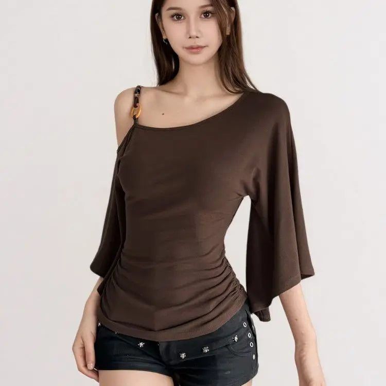 Sexy Retro Style Five-Quarter Sleeve T-Shirt Women's Waist-Cinching Slimming Fashionable Versatile Top Trendy Streetwear