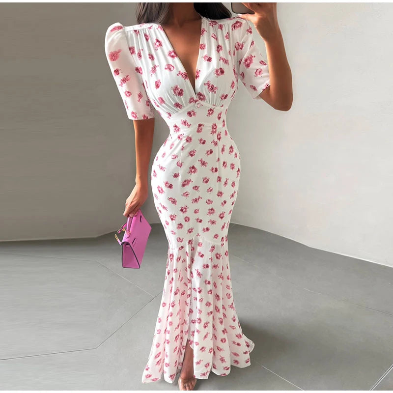 Slim Printed Waist-cinching Fishtail Dress 2026 Summer New Ladies Sexy V-neck Short Sleeve Split Long Robes Women's Party Gowns
