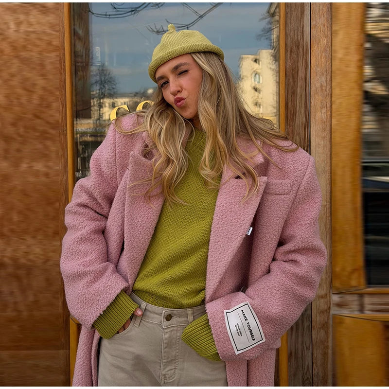 Women Olive Green Oversized Coat Notched Lapel Double Breasted Straight Outerwear Vintage Fall Winter Daily 2026 Office Outfit