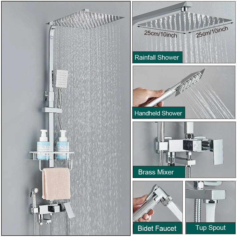 Shower Faucet Set Rainfall 3/4-ways Bathtub Tap With Bathroom Shelf Height Adjust Brass Mixer Crane Hot Cold Water Systems
