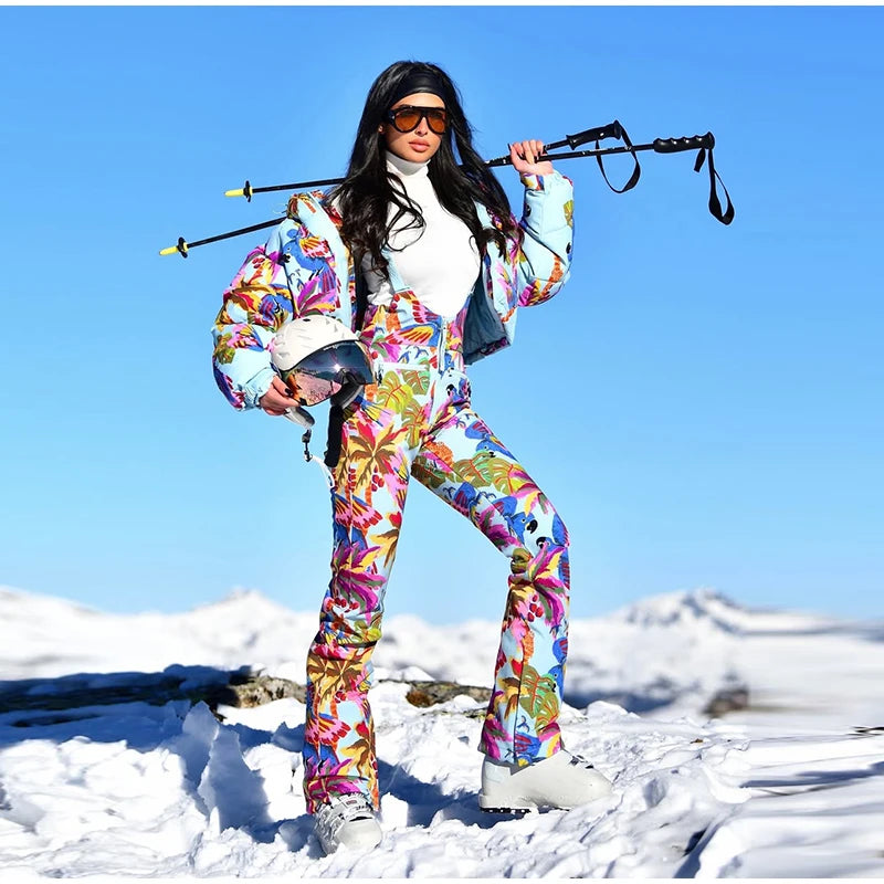 Women's Printed Hooded Ski Jackets Jumpsuit Sets Long Sleeve Zipper Short Coats Straight Leg Overalls 2026 Winter Lady Ski Suits