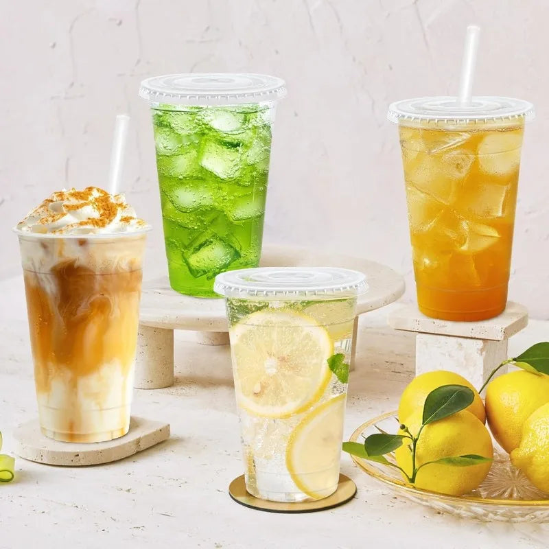 50 PCS12/16/20OZ Plastic Cups with Lids Transparent Disposable Cups Party Weddings Holidays Coffee Milkshakes Cold Drinks