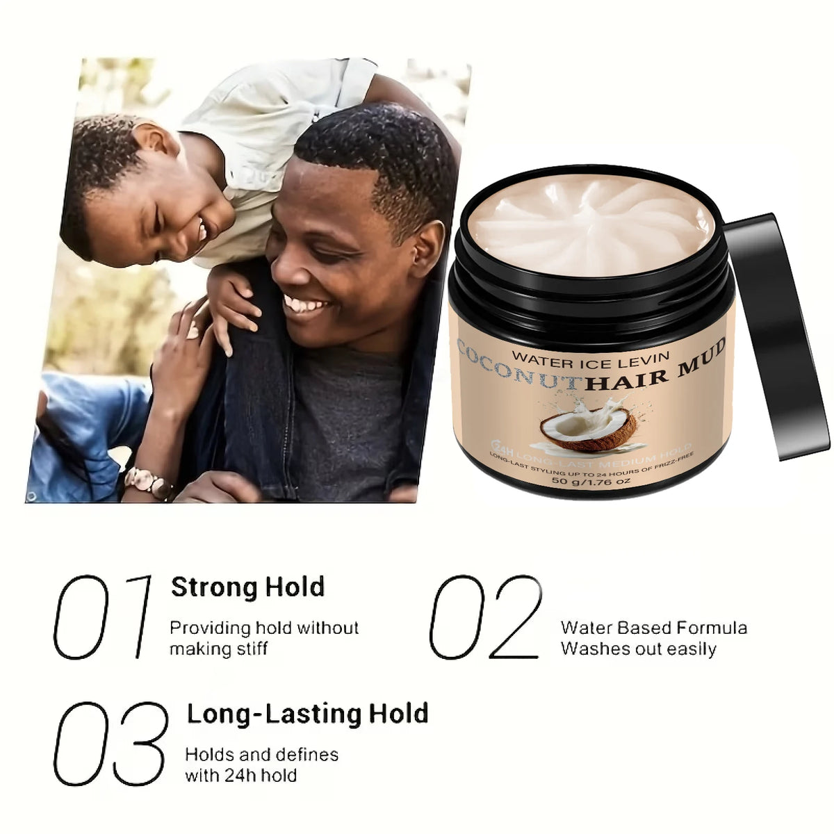 Water Ice Levin Coconut Hair Mud 24H Long Last Medium Strong Hold Water Based Styling Paste 50g