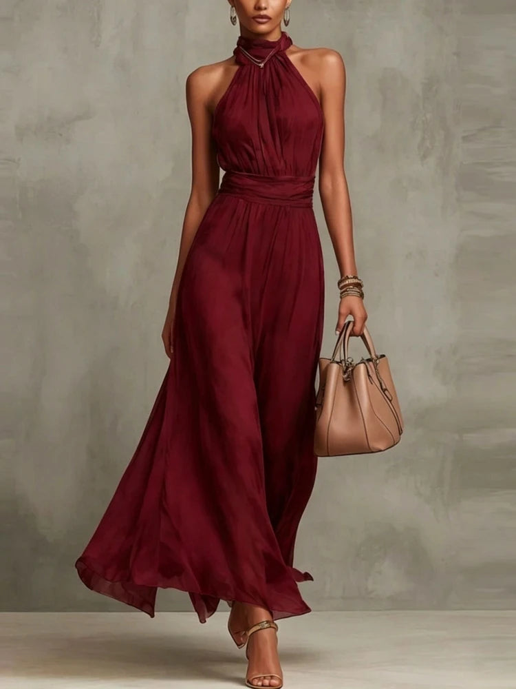 Elegant Chiffon Dress 2026 Fashion New Women Solid Halter Maxi Dress Sleeveless High Neck Ruched Waist Evening Party Dress