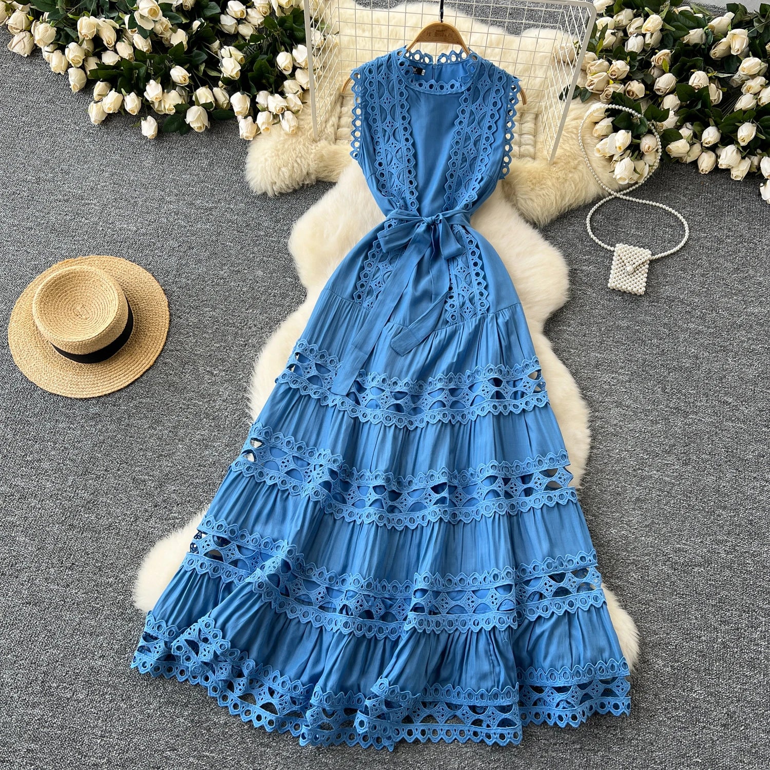 Sexy Hollow Out Embroidery O Neck Sleeveless Bandage Long Dresses Chic Evening Party Summer Vestidos Women Hip Wrap Clothing