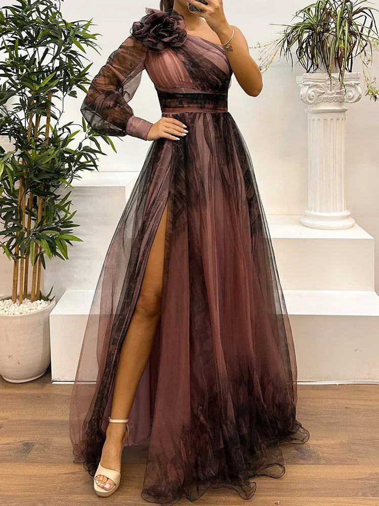 One Off Shoulder Fashion Simple Maxi Dress, Women Spring Autumn Skew Collar Chic Party Dress, Long Sleeve Patchwork Ladies Dress