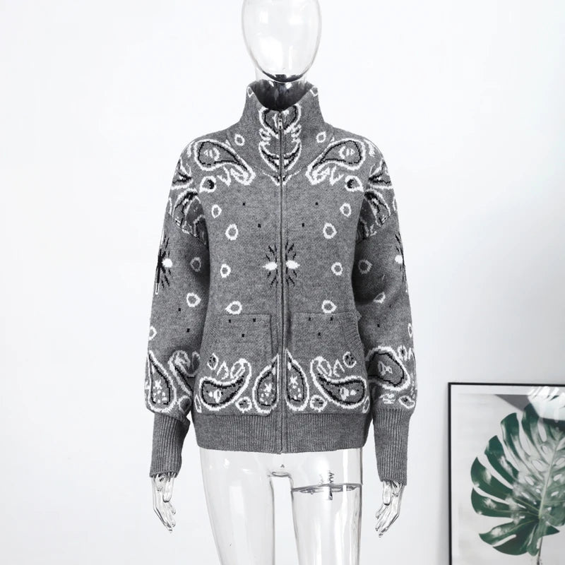 Elegant Knitted Print Women's Cardigan Loose Full Sleeve Stand Collar Zipper Sweaters Female 2026 Autumn Outwear Pockets Lady