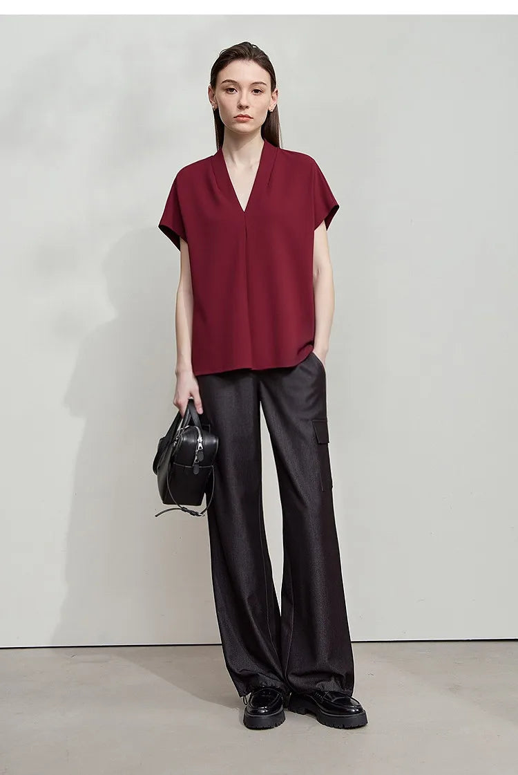 AMII Minimalism 2026 Summer Women's T-shirt Classic Style Casual V-neck Short Sleeve Solid Stretch Female Tops & Tees 12312013