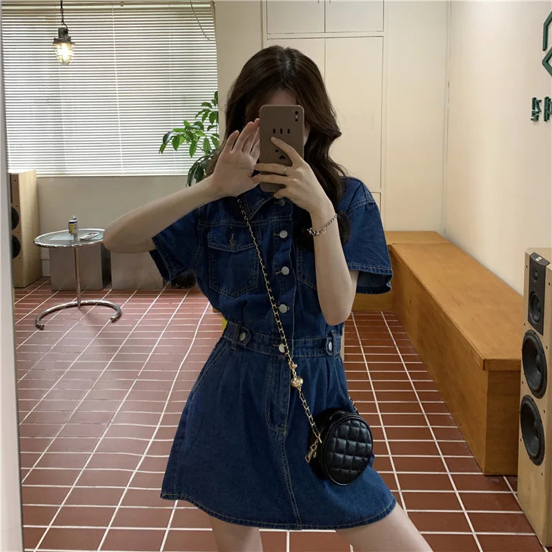 Women Vintage Denim Shirt Dress High Waist A-line Jean Mini Dress for Ladies Retro Y2K Streetwear Dresses for Women Party Outfit