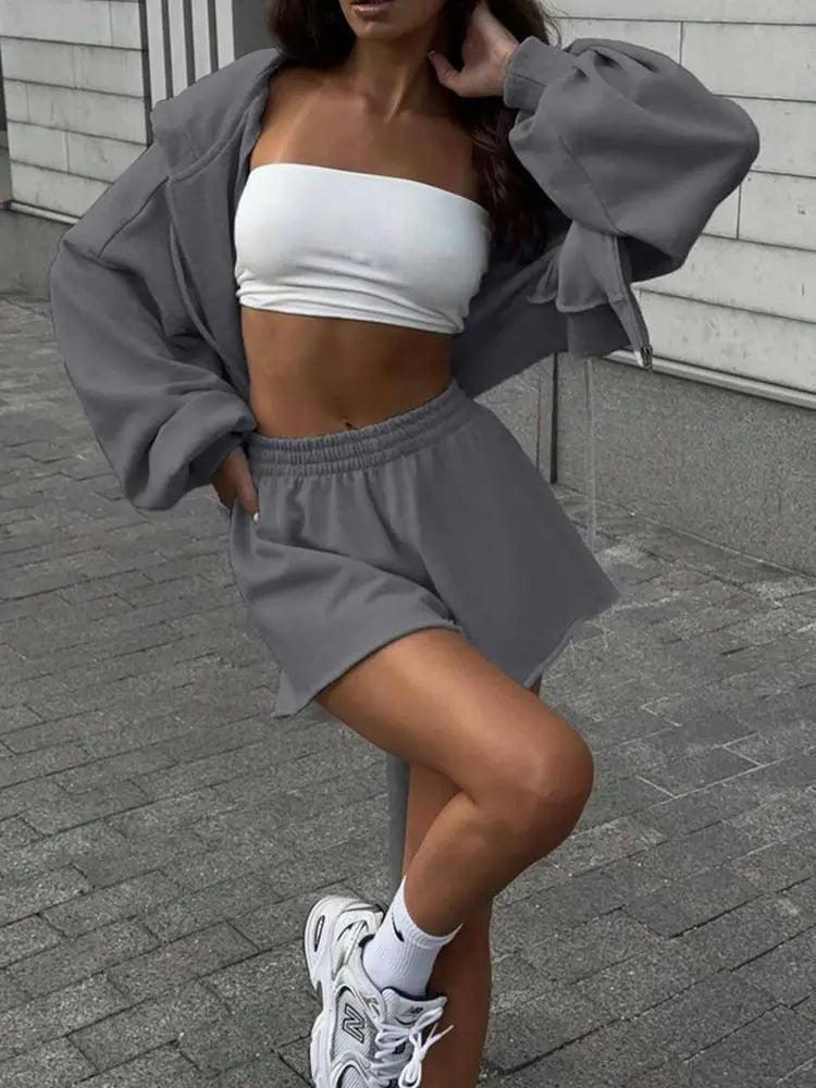 Women's Outfit Long-Sleeve Hooded Drawstring Sweatshirt Shorts Set Two-Piece Sets Sports Suit Sportswear Streetwear Trendy