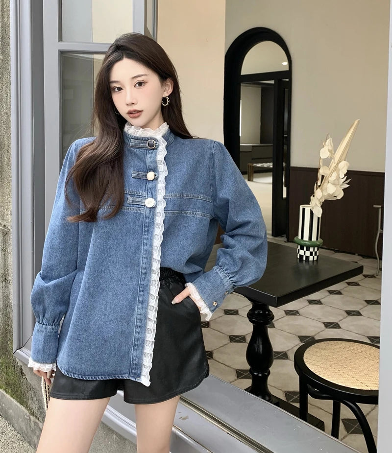 2025 Spring Lace Denim Shirt Women Fashion Patchwork Long Sleeve Blouse Female Loose Stand Collar Button Down Jean Shirts Woman