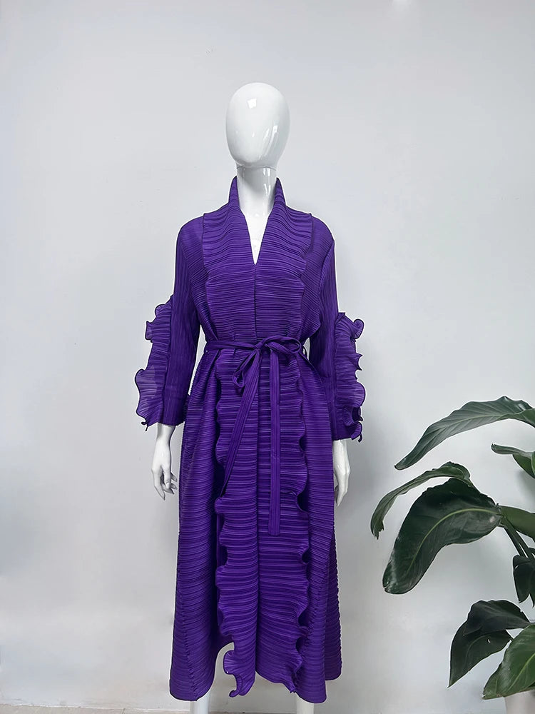 2024 Miyake Ruffled Early Spring and Autumn New Long Sleeve Ruffled High Elastic Dress V-neck Long Sleeve Women's Dress