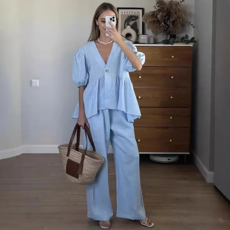 Elegant Solid 2 Piece Sets Women New Fashion Puff Short Sleeve V-Neck Button Top Wide Leg Pants Suit Casual Streetwear Outfit
