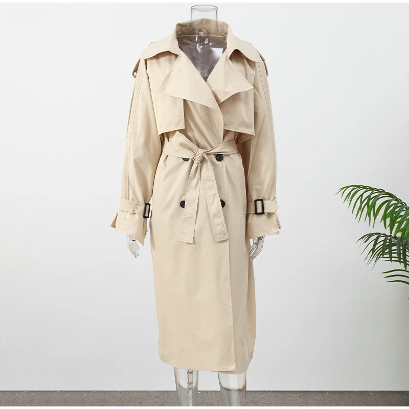 Casual Lace Up Long Trench Coat Women Chic Solid Color Full Sleeve Lapel Windbreaker 2026 Fall New Fashion Loose Commute Jackets