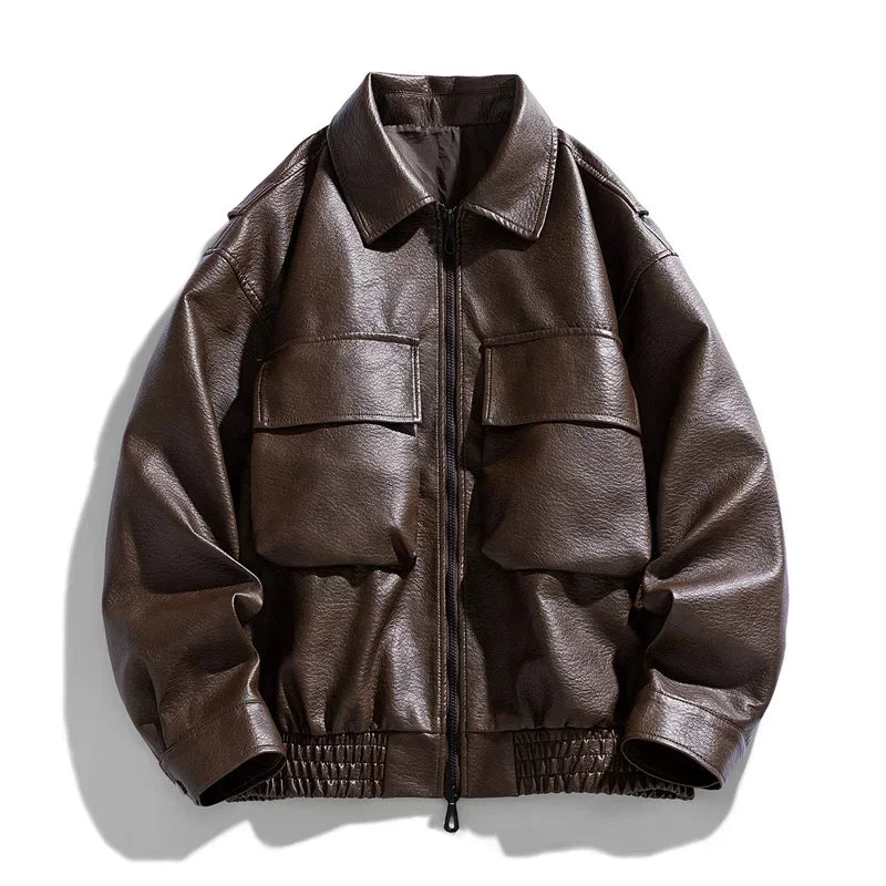 Men Trend Motorcycle Leather Jacket Bomber Pilot Retro Loose Pu Short Leather Jacket Autumn Winter New Lapel Big Pocket Coat