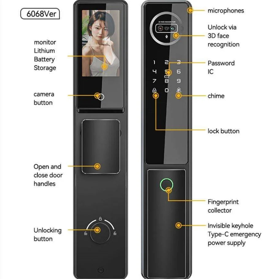 Glomarket Tuya Wifi App Unlock Digital Door Lock 3D Face Fingerprint Recognition Smart Video Intercom Aluminum Door Cloud