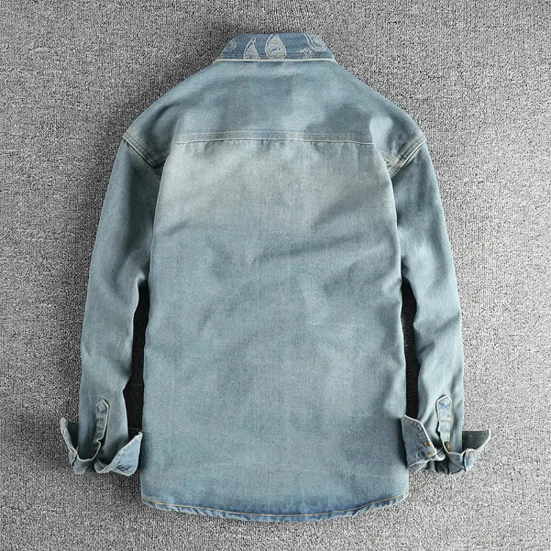 Heavy collar cashew flower embroidery design sense of British vintage denim shirt men's autumn trend coat with long sleeves