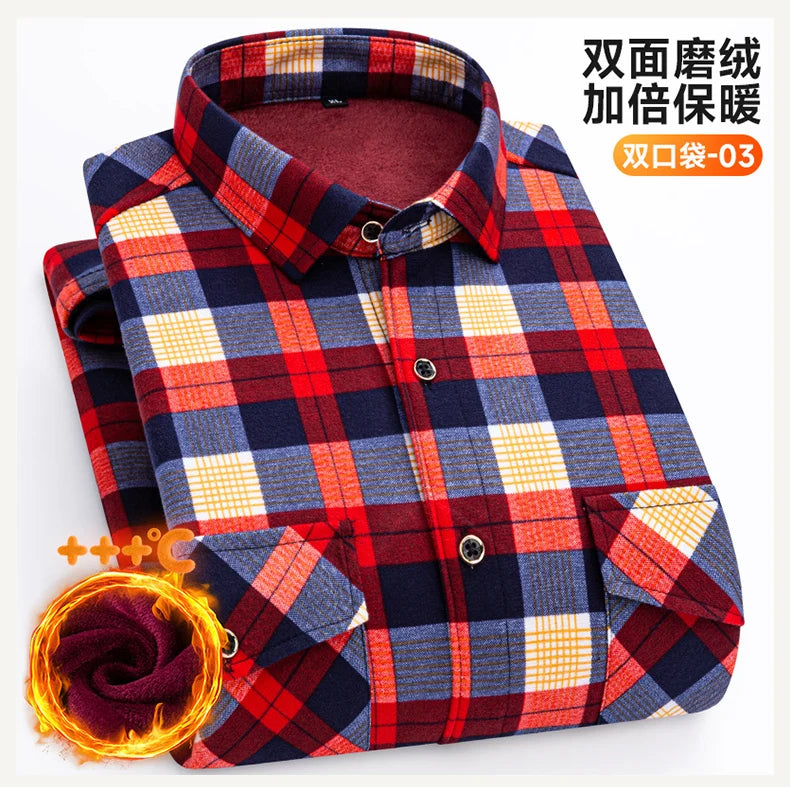 2025 Autumn Winter Men's Fashion Plaid Striped Print Shirts Double-sided Fleece Long Sleeve Thick Warm Shirts Soft Big Size 7XL