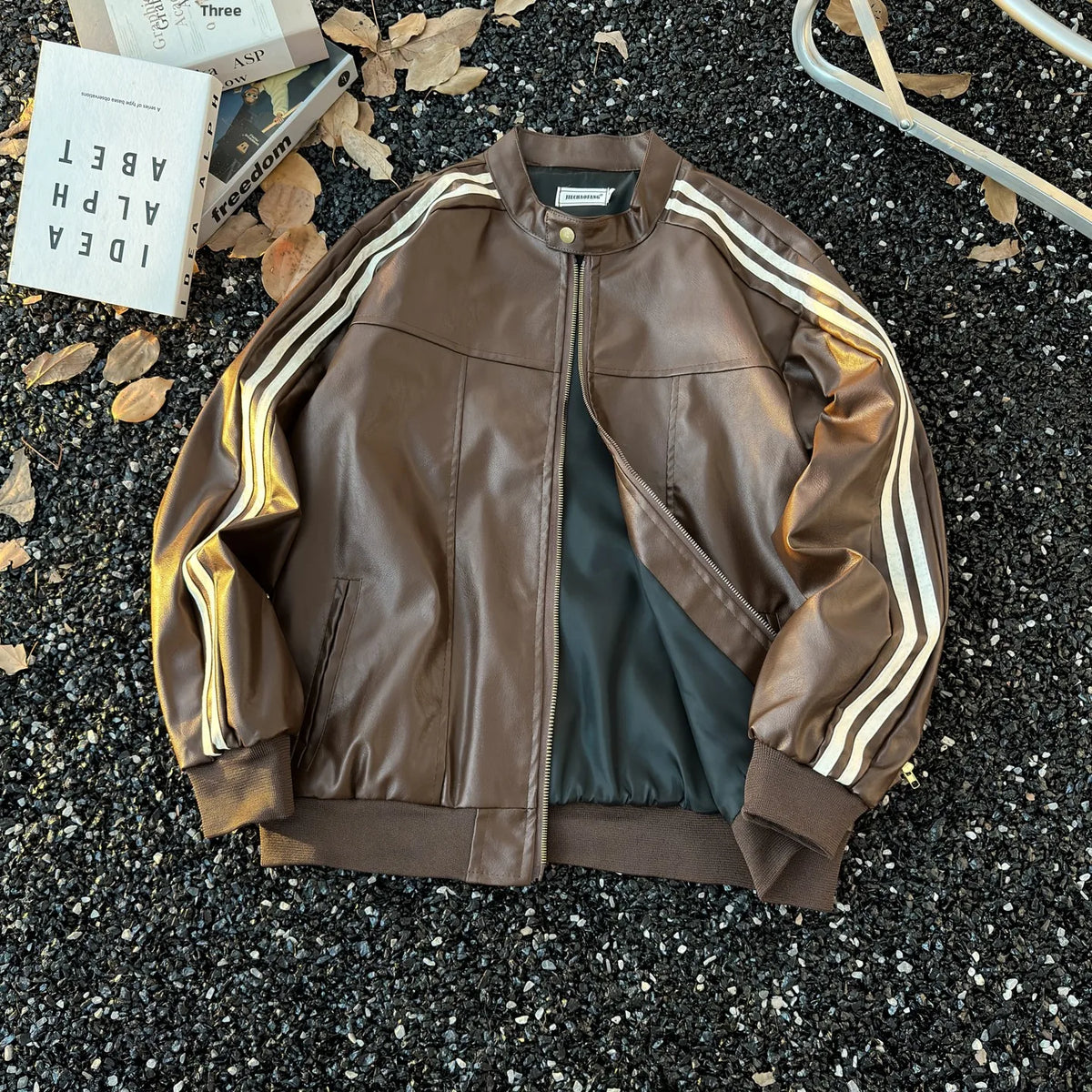 Men's Brown Leather Jacket American Retro Patchwork Striped Outerwear Youthful Style Summer Biker Coat Long Sleeve Zipper Clo...